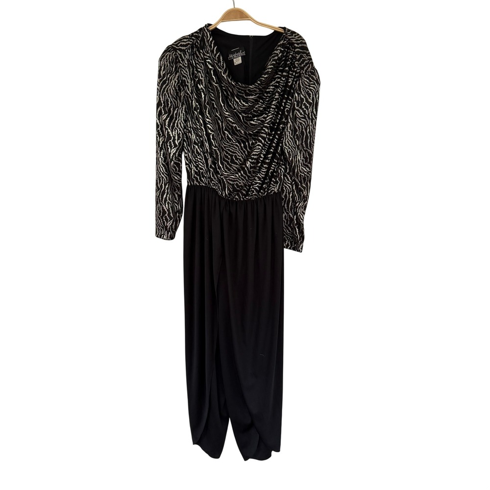 Michael Allen Ltd Vintage Jumpsuit Silver Zebra Print Harem Pants 12 Black 80s